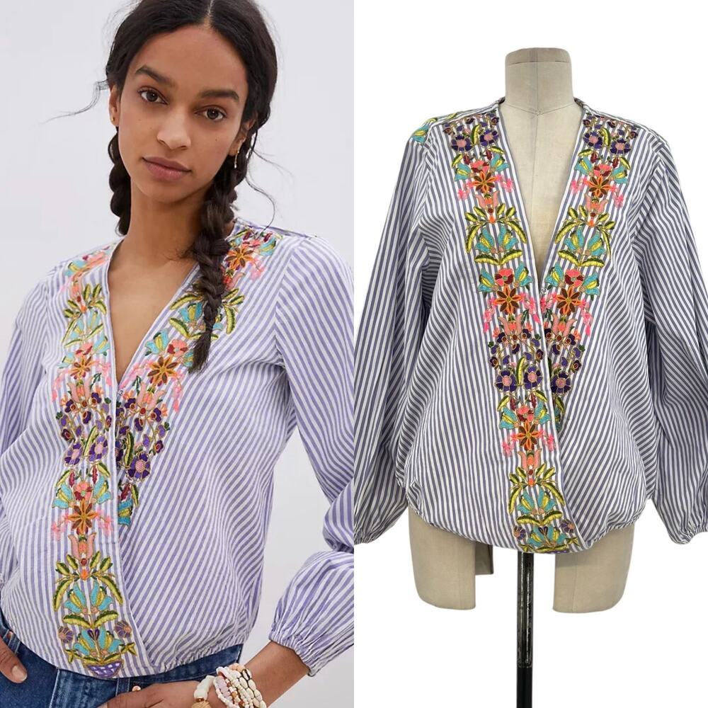 Anthropologie Multicolor Embroidered Striped Blouse